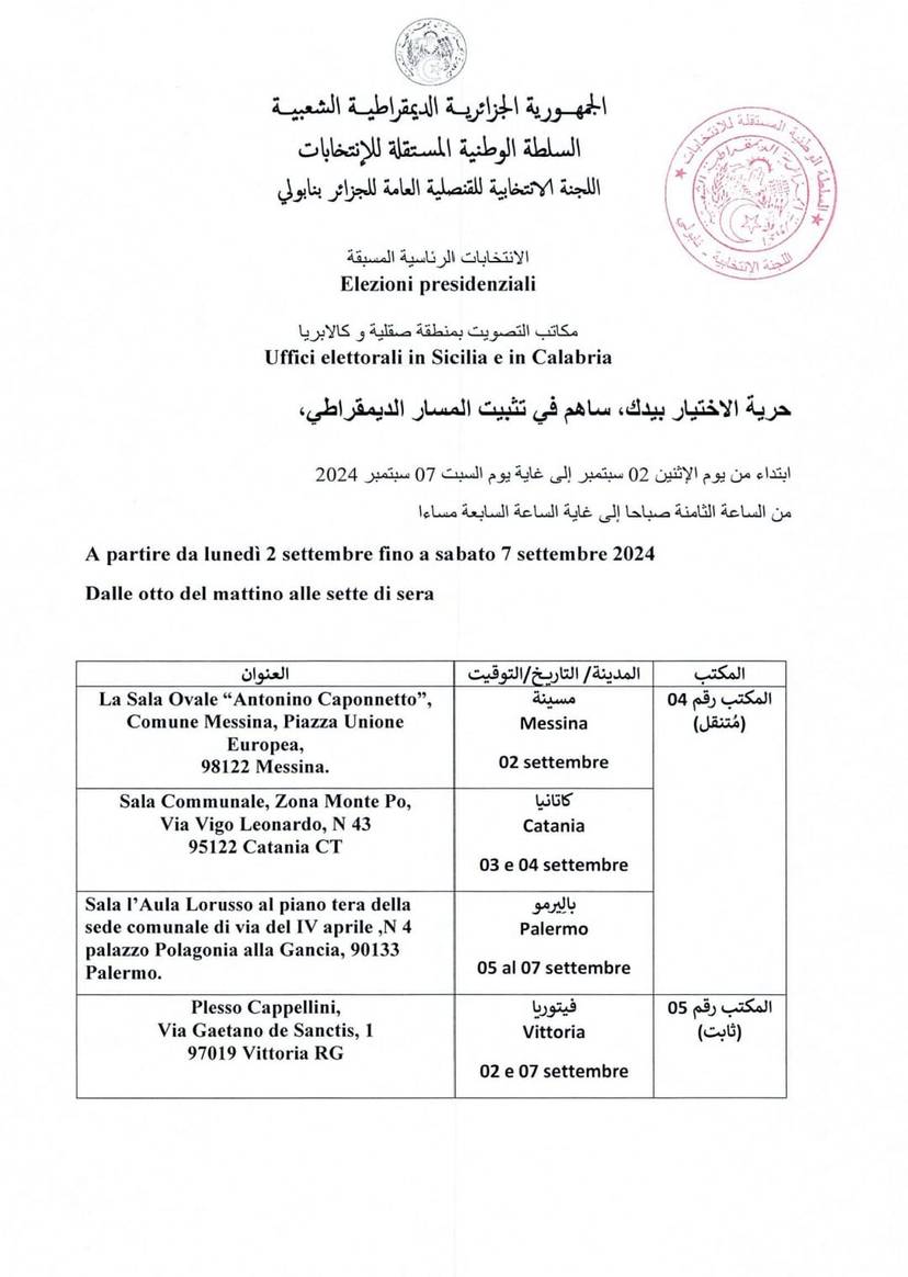 Indirizzi degli uffici delle elezioni presidenziali del 7 settembre 2024 per la Regione Sicilia